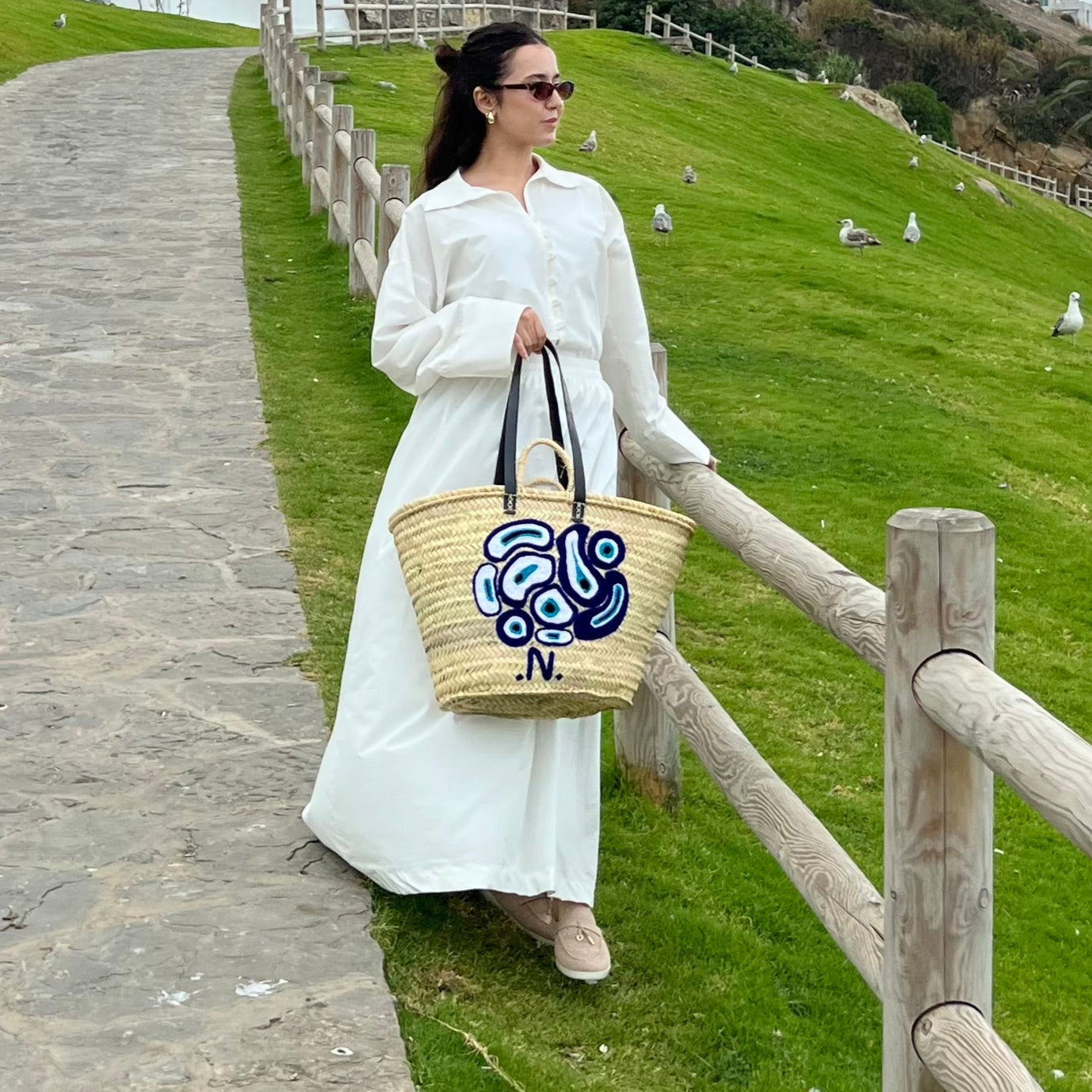 Tote with Blue Embroidery