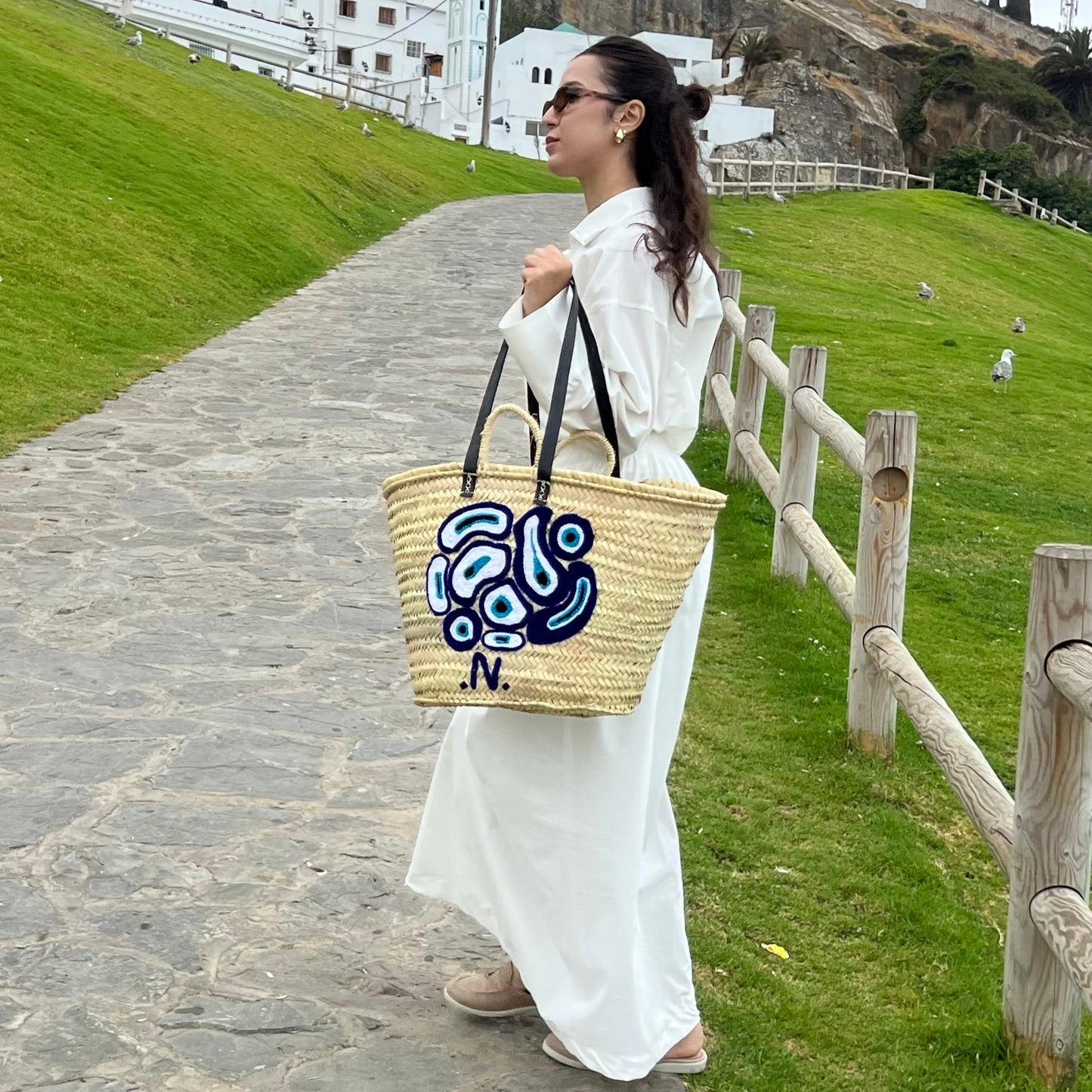 Tote with Blue Embroidery