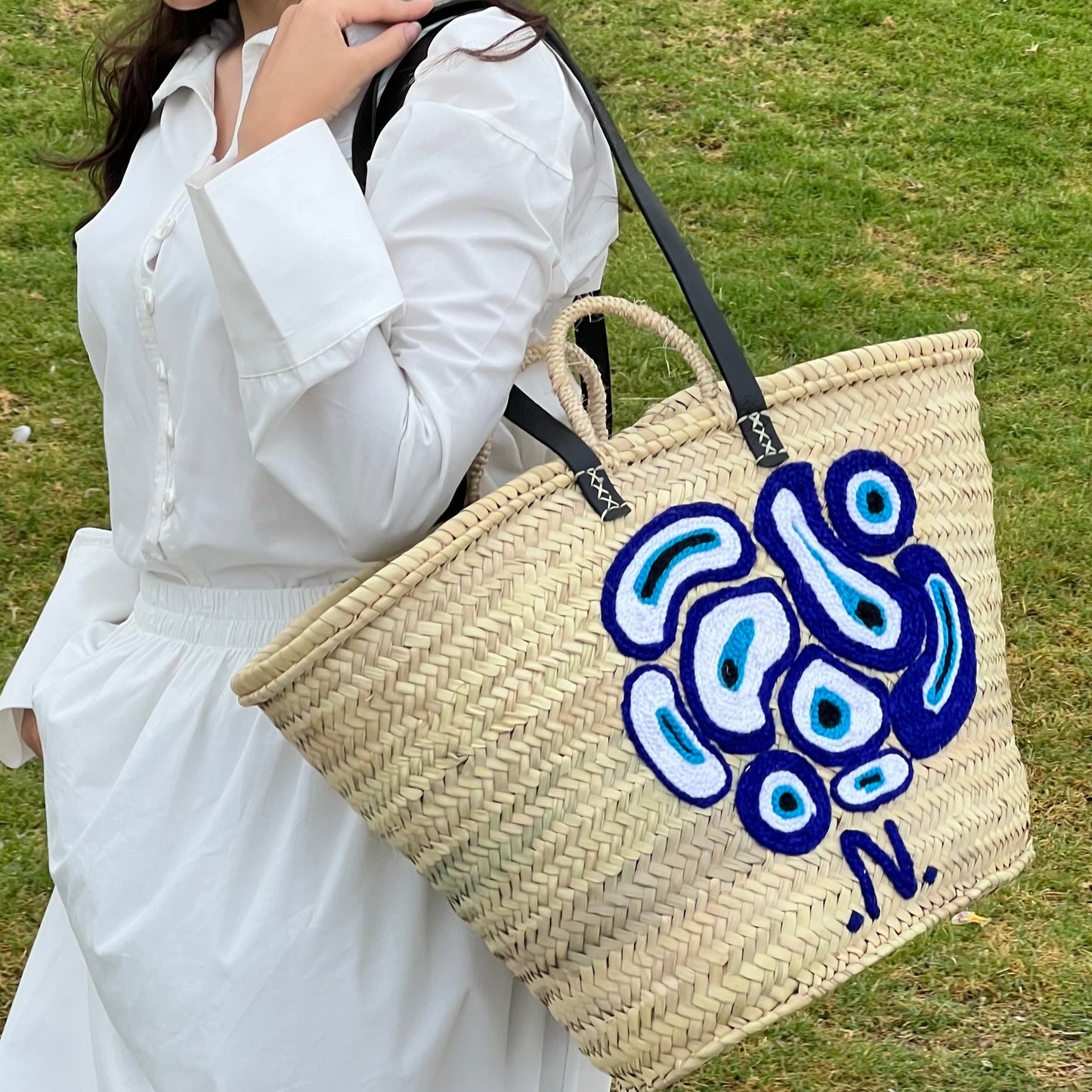Tote with Blue Embroidery