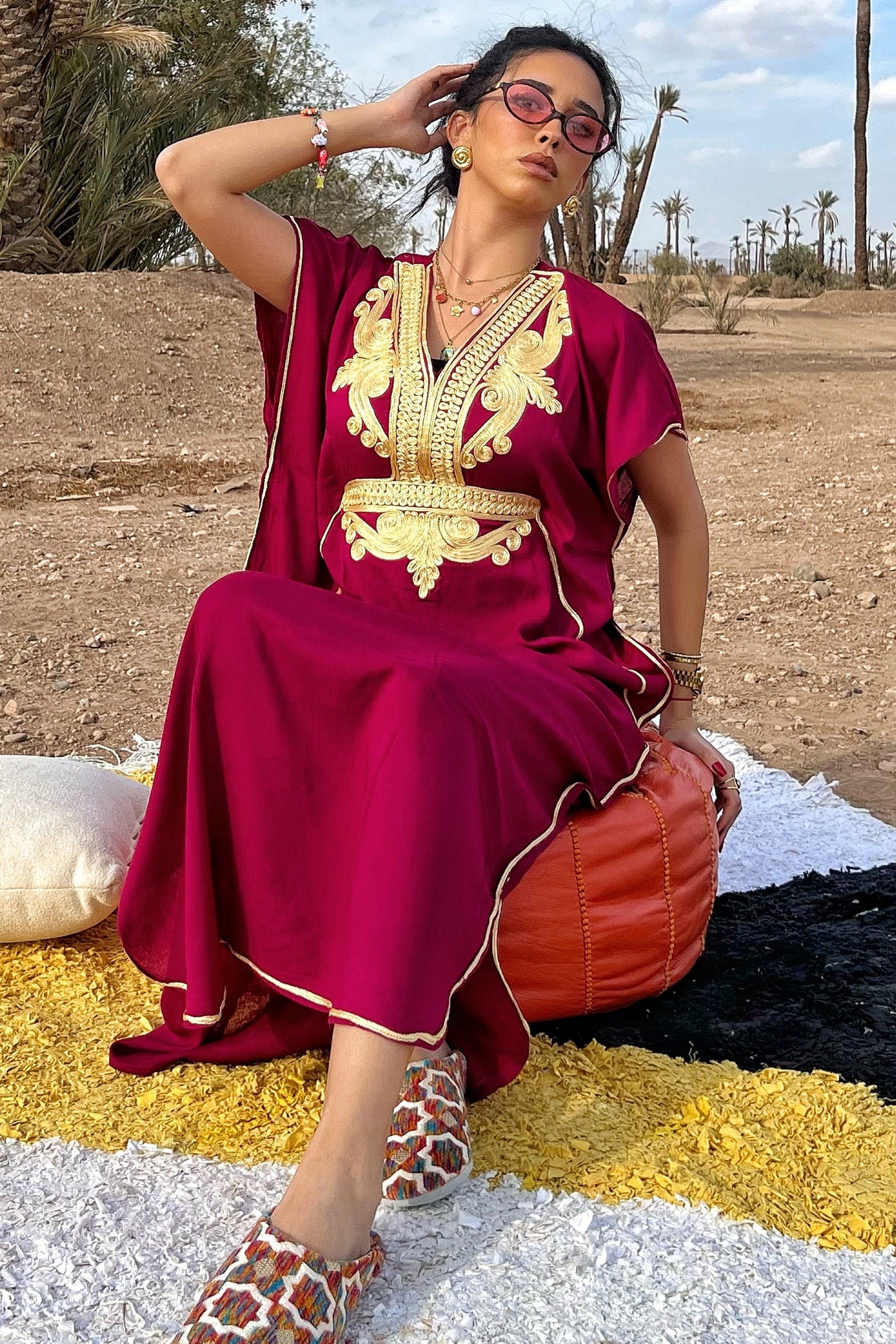 Comfy Moroccan Embroidered Kaftan – Deep Red & Gold
