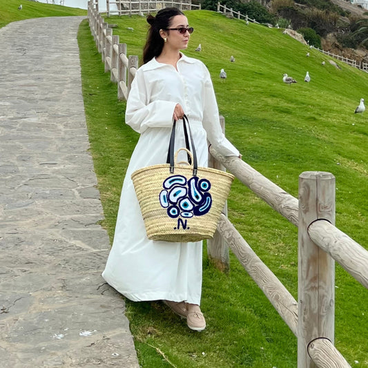 Tote with Blue Embroidery