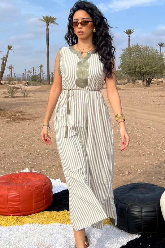 Comfy Moroccan Stripe Midi Dress – Desert Sage