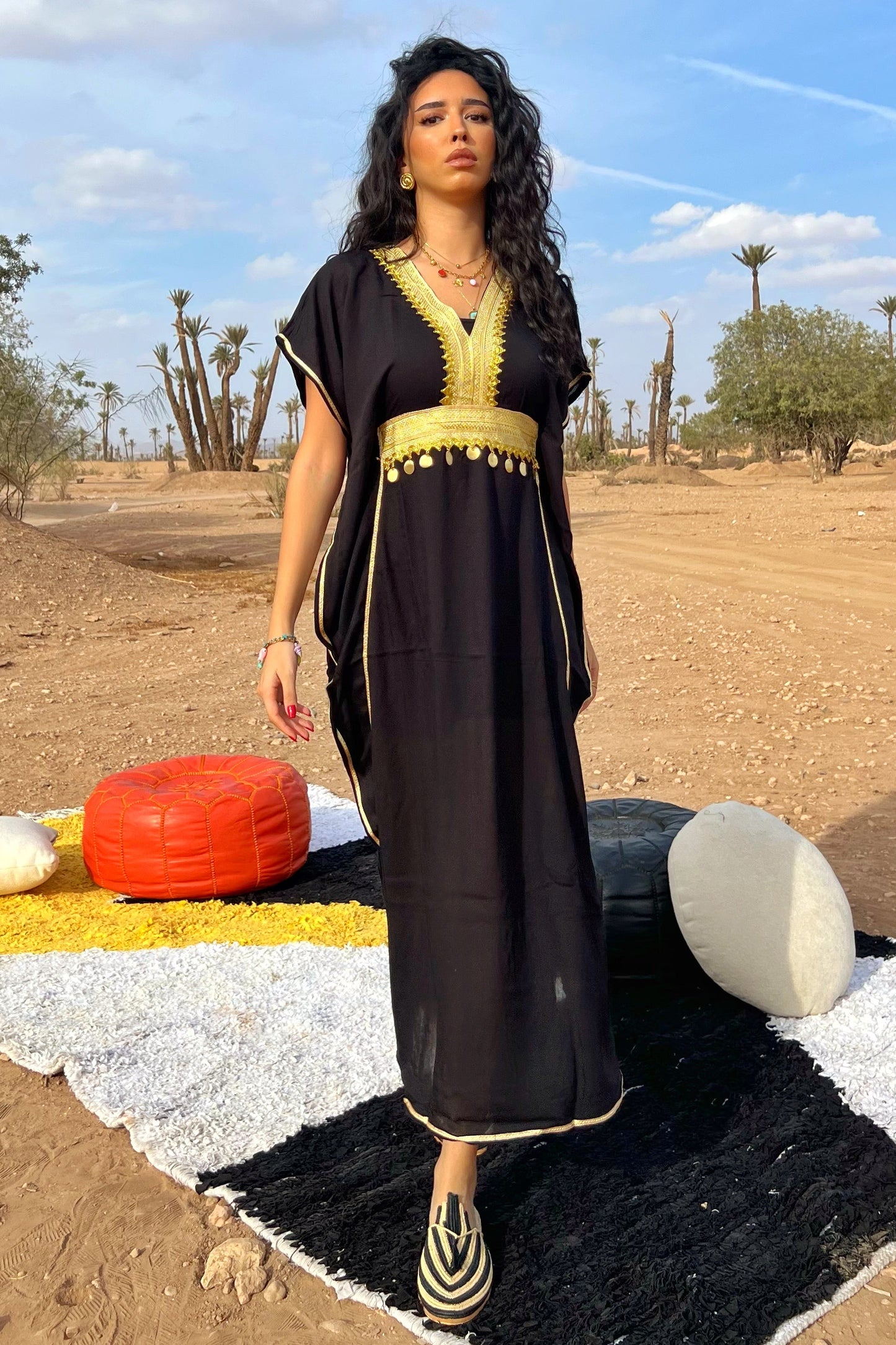 Comfy Moroccan Kaftan Dress – Black with Gold Embroidery