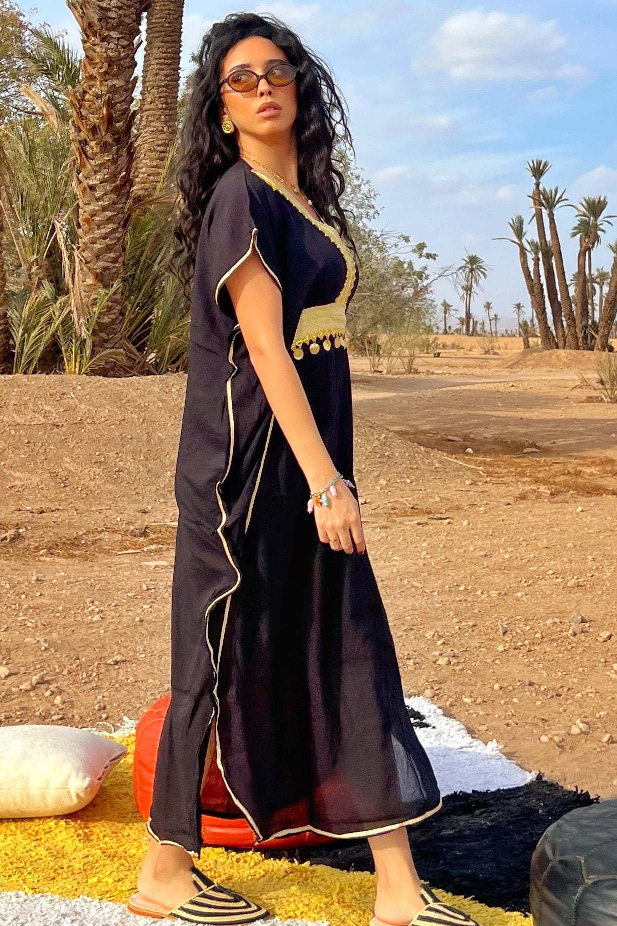 Comfy Moroccan Kaftan Dress – Black with Gold Embroidery