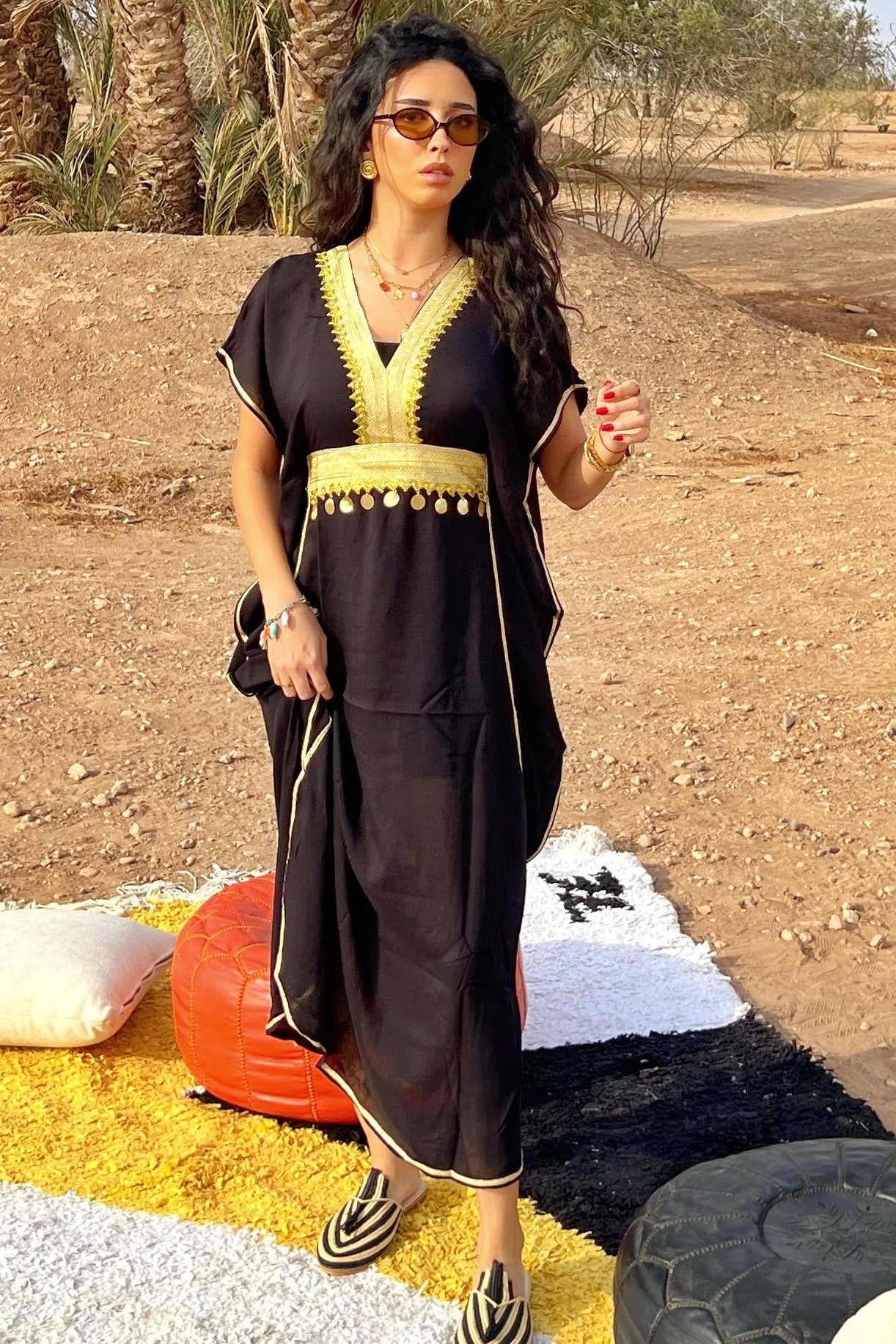 Comfy Moroccan Kaftan Dress – Black with Gold Embroidery
