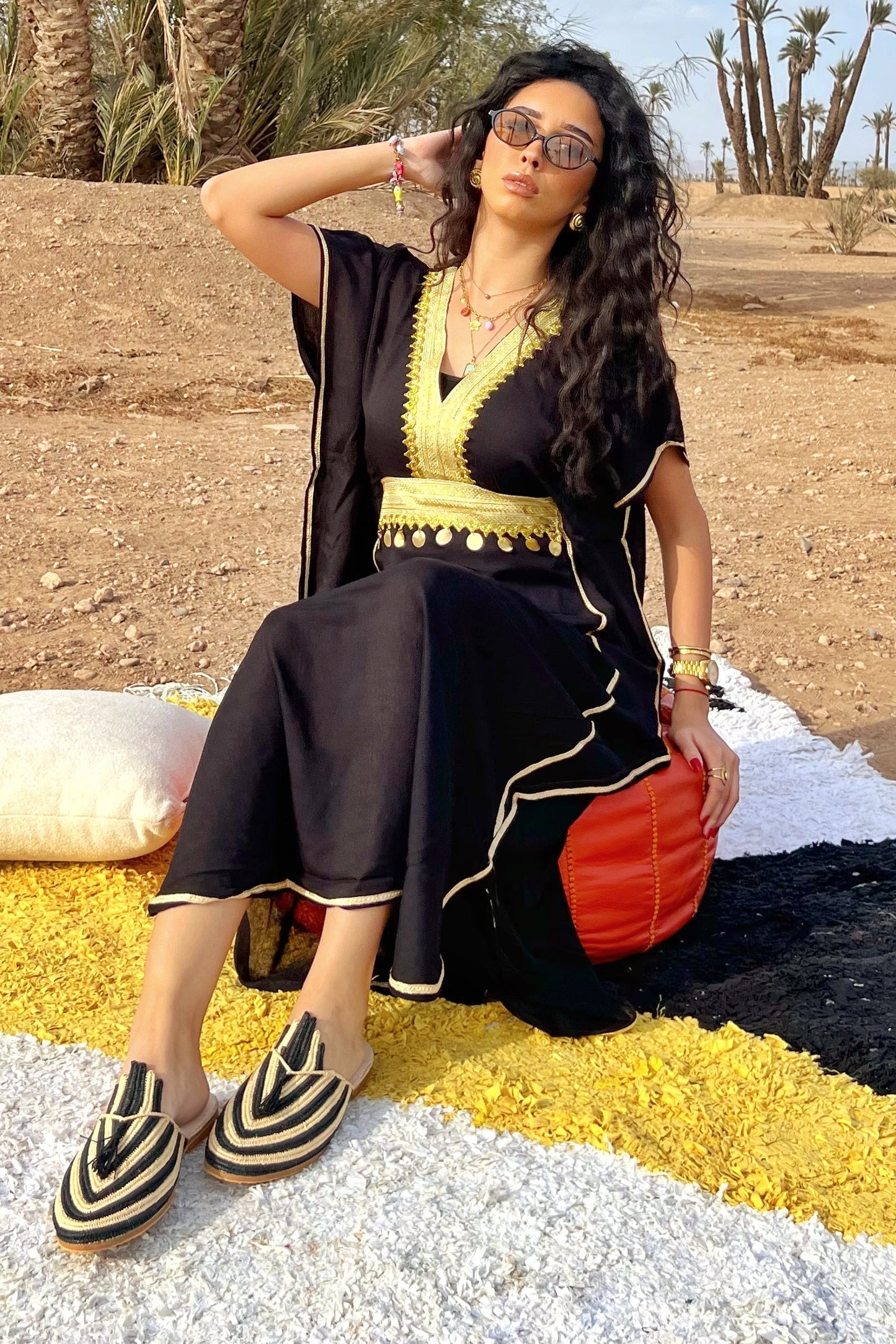 Comfy Moroccan Kaftan Dress – Black with Gold Embroidery