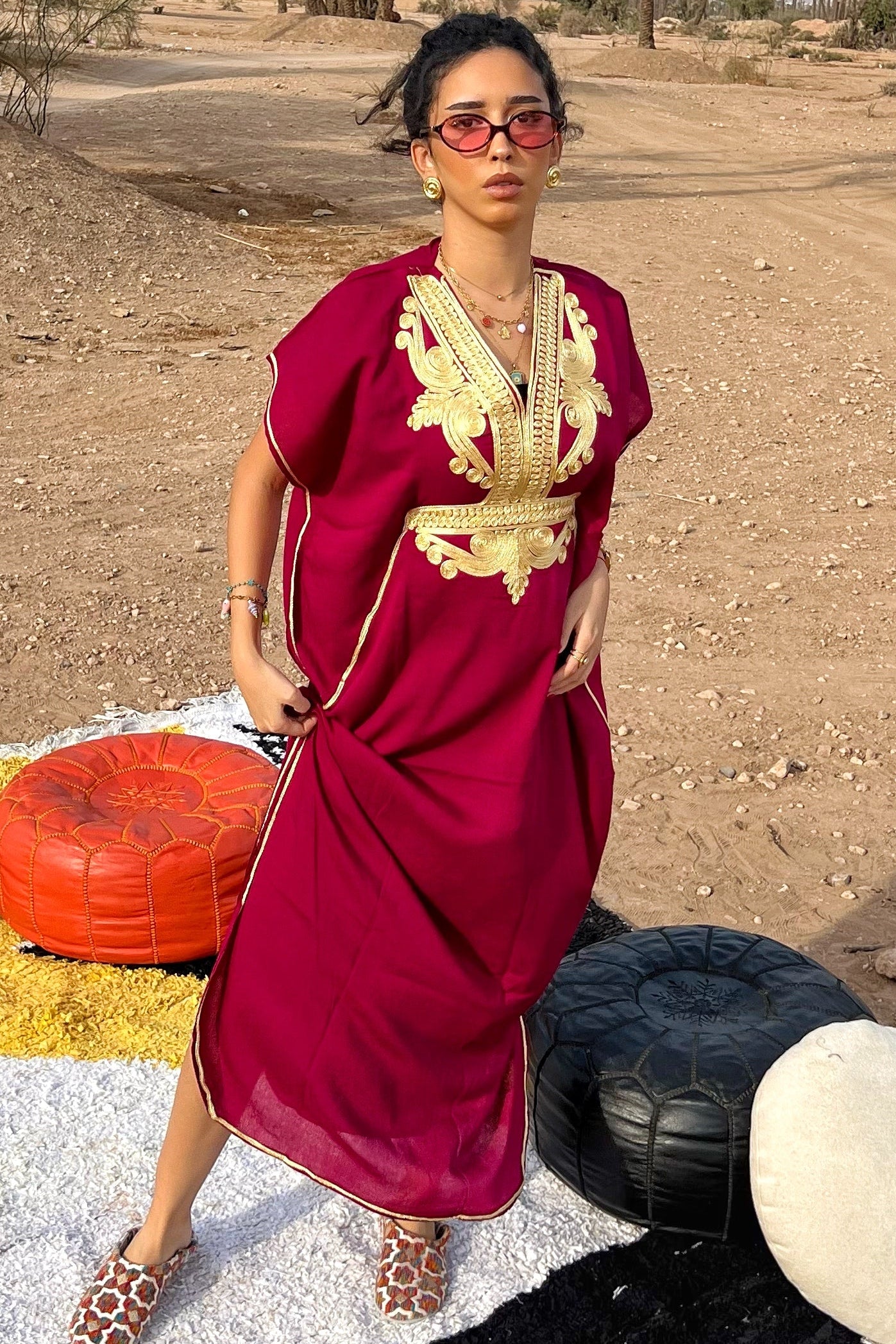 Comfy Moroccan Embroidered Kaftan – Deep Red & Gold