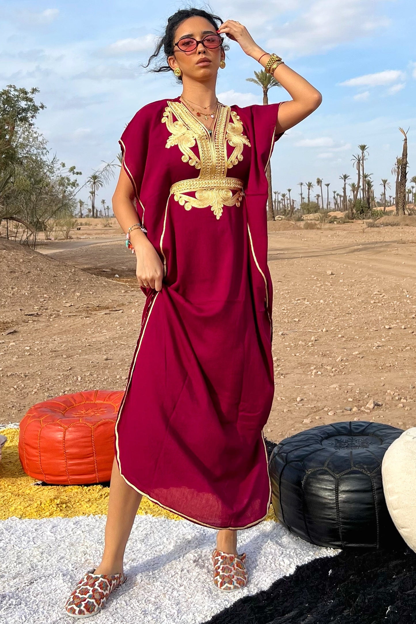 Comfy Moroccan Embroidered Kaftan – Deep Red & Gold