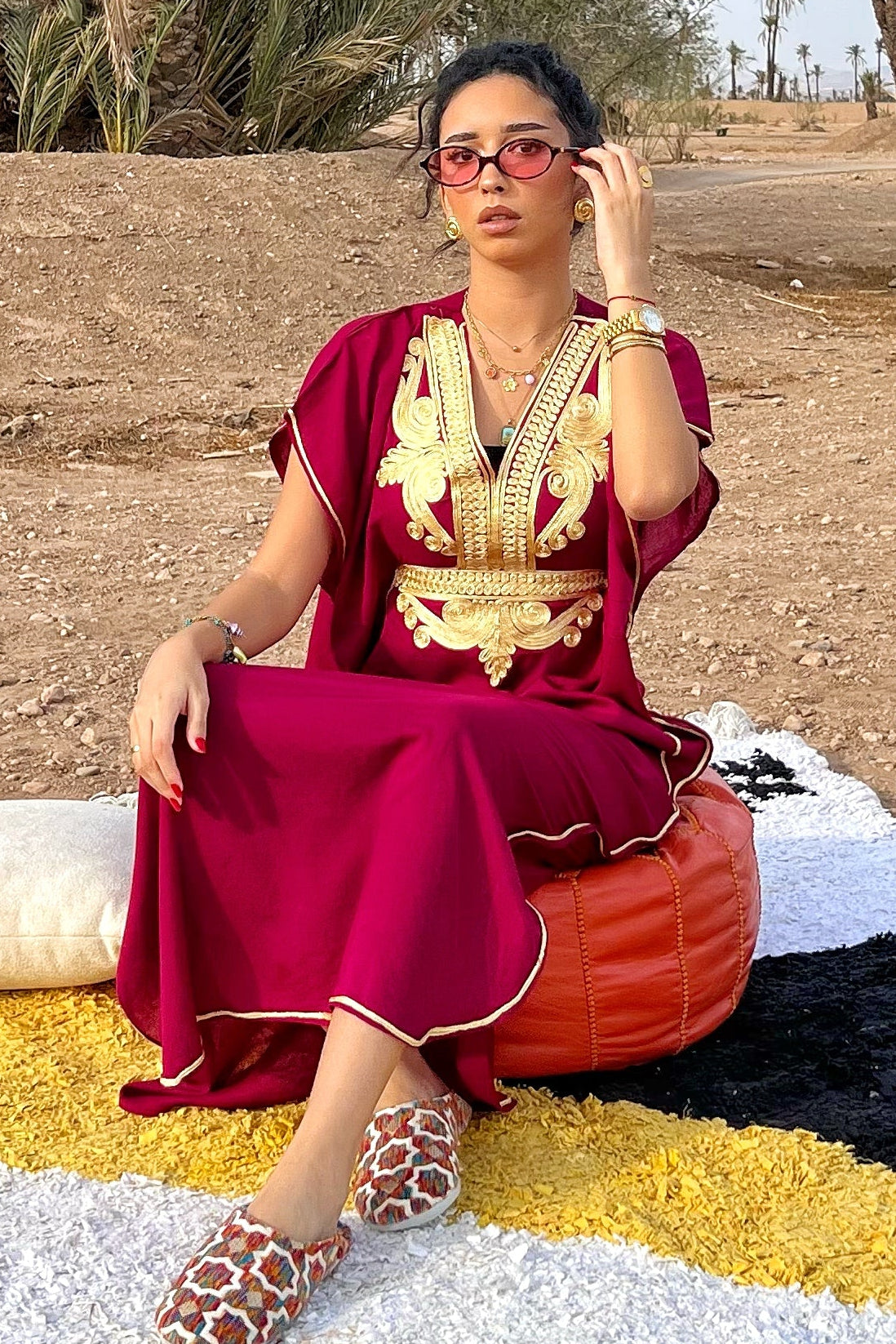 Comfy Moroccan Embroidered Kaftan – Deep Red & Gold