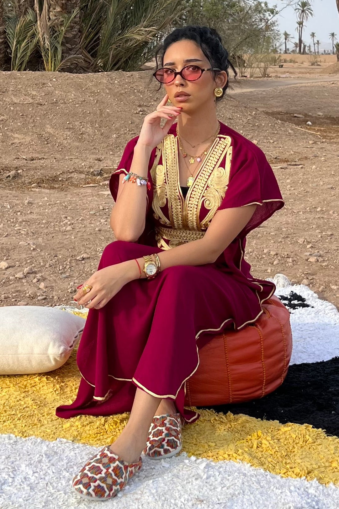 Comfy Moroccan Embroidered Kaftan – Deep Red & Gold