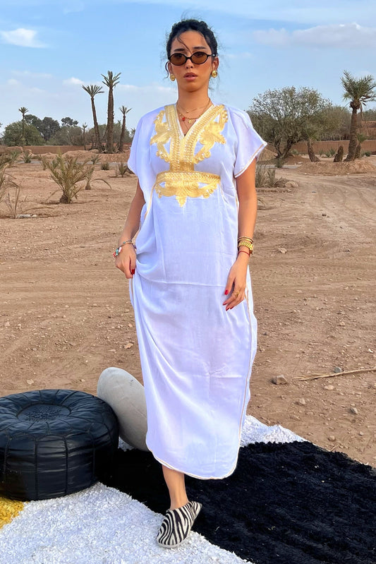 Comfy Moroccan Embroidered Kaftan – White & Gold