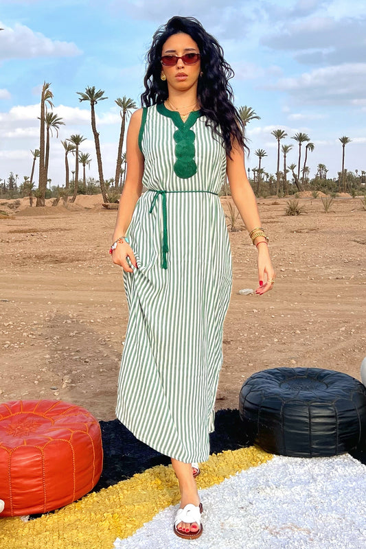 Comfy Moroccan Stripe Midi Dress – Green & White