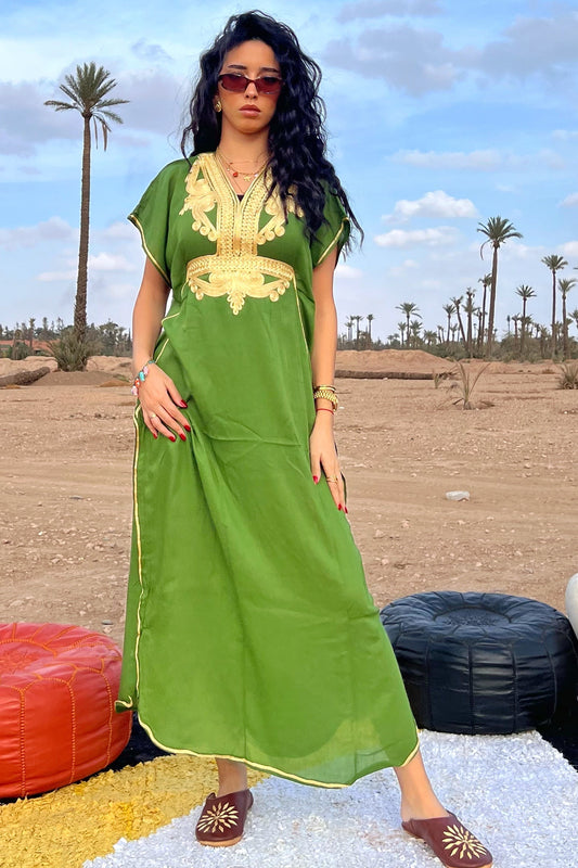 Comfy Moroccan Embroidered Kaftan – Green & Gold