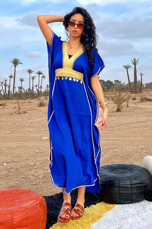 Comfy Moroccan Embroidered Kaftan – Blue & Gold