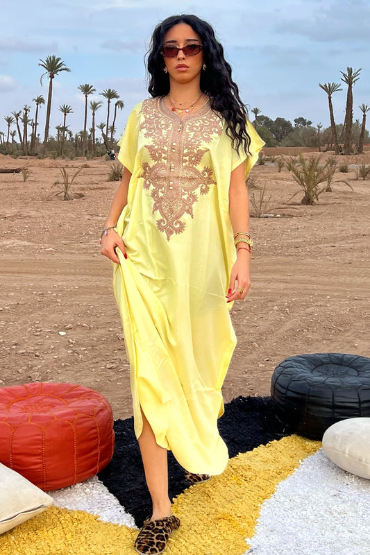 Comfy Moroccan Embroidered Kaftan Dress – Soft Yellow