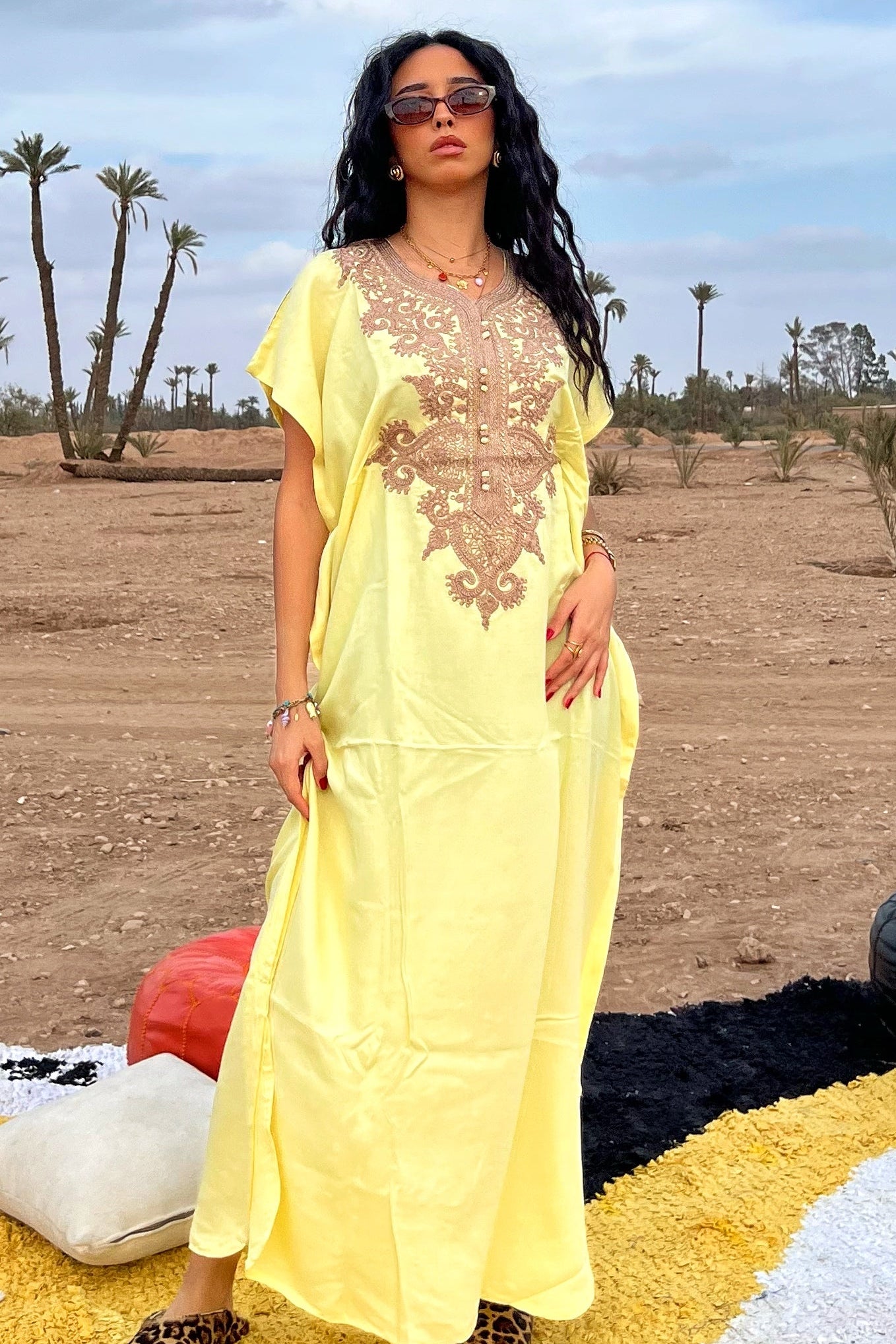 Comfy Moroccan Embroidered Kaftan Dress – Soft Yellow