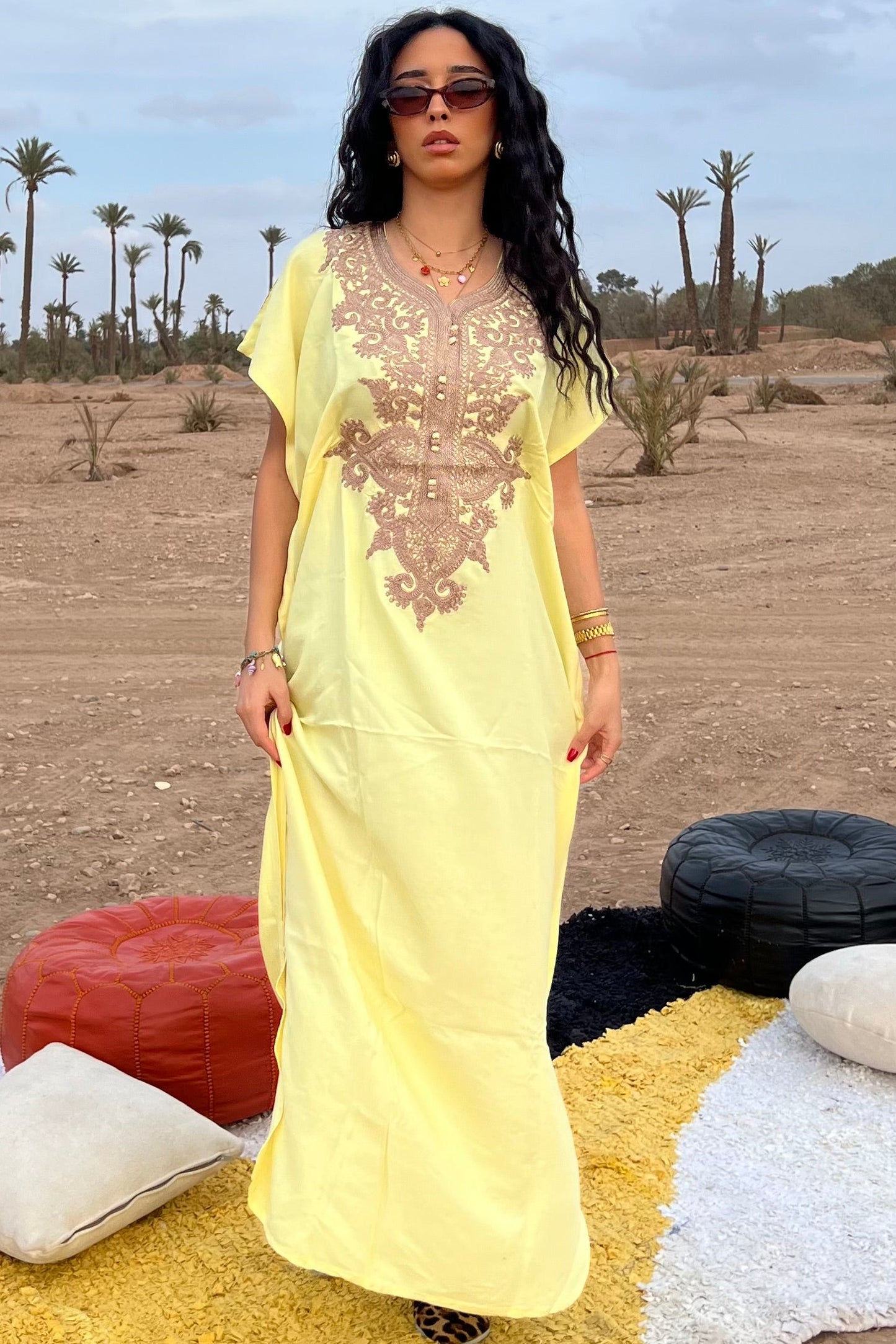 Comfy Moroccan Embroidered Kaftan Dress – Soft Yellow