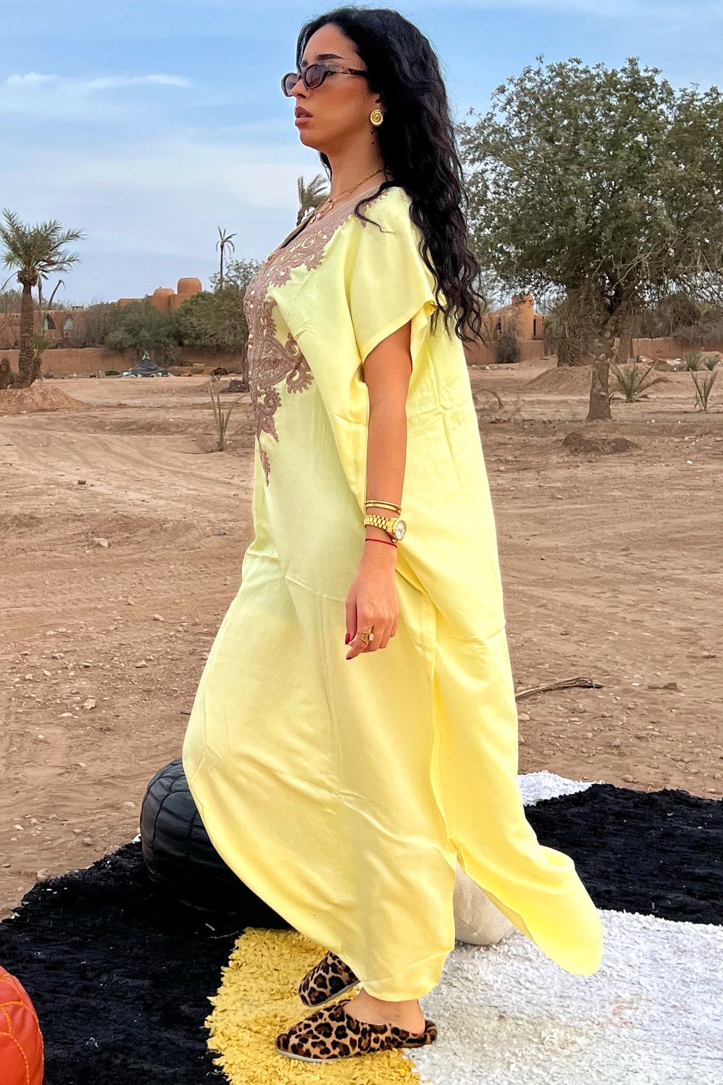 Comfy Moroccan Embroidered Kaftan Dress – Soft Yellow