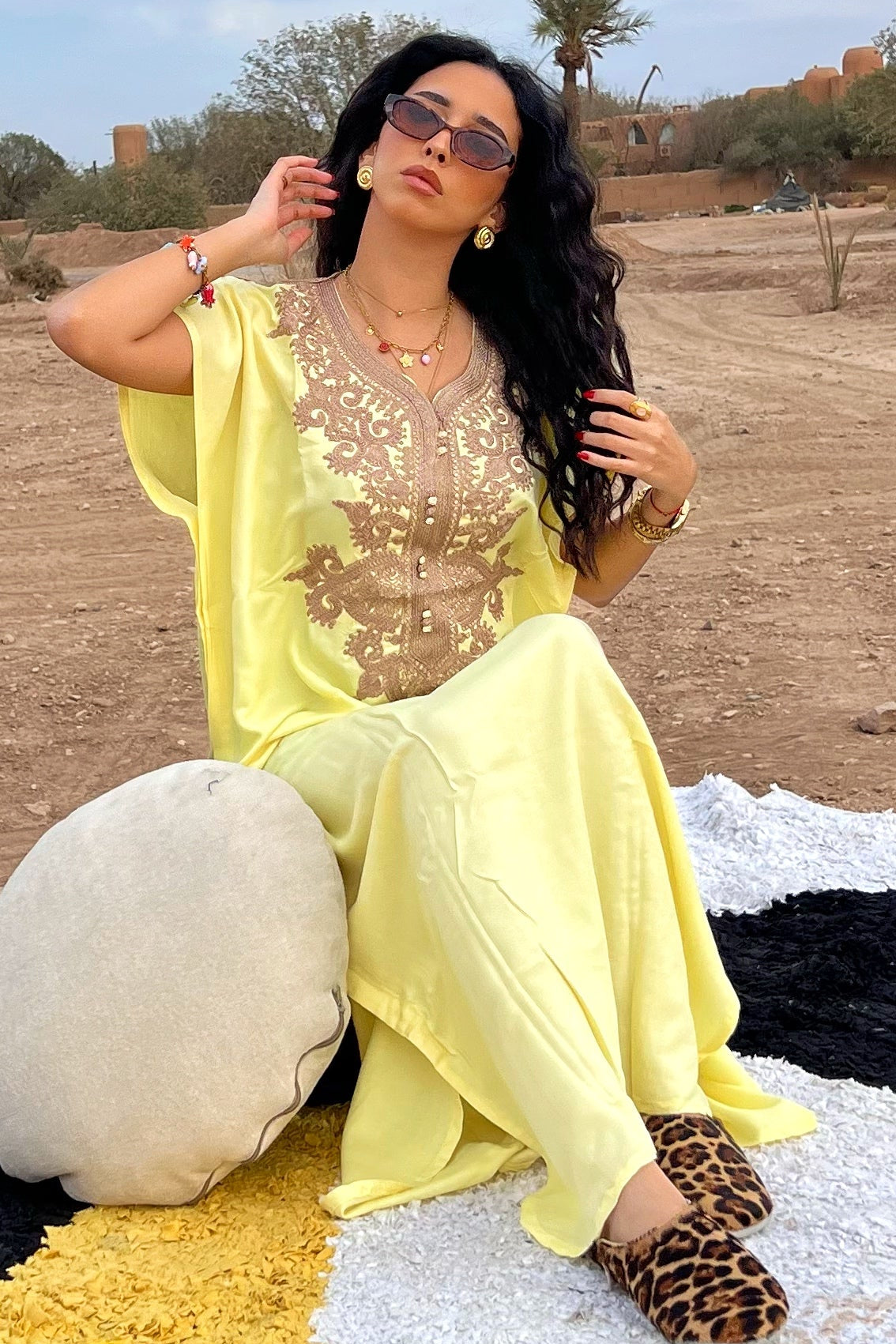 Comfy Moroccan Embroidered Kaftan Dress – Soft Yellow