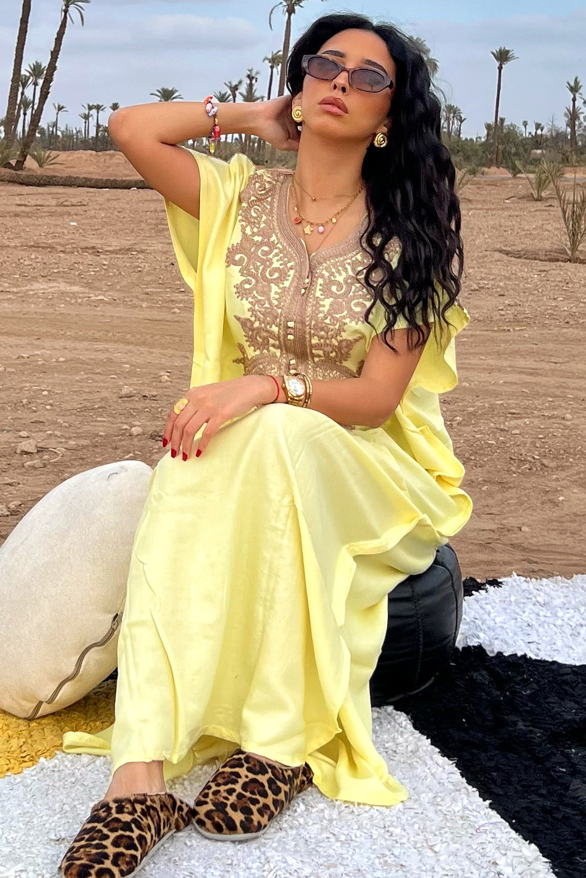 Comfy Moroccan Embroidered Kaftan Dress – Soft Yellow