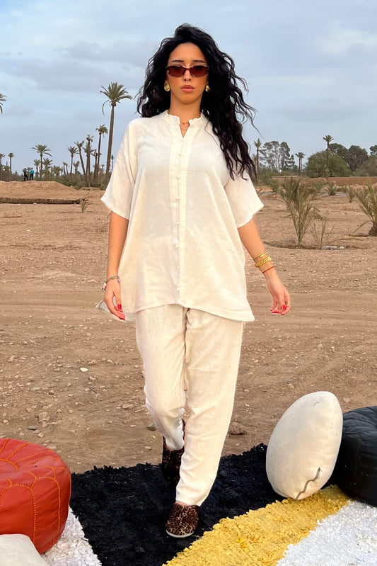 Comfy Soft Cream Moroccan Linen Two-Piece Set