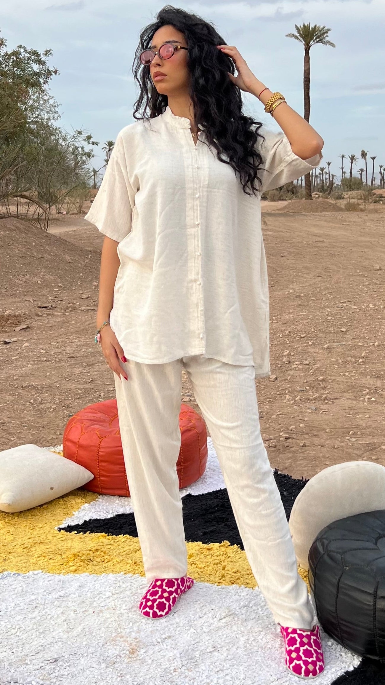 Comfy Soft Cream Moroccan Linen Two-Piece Set